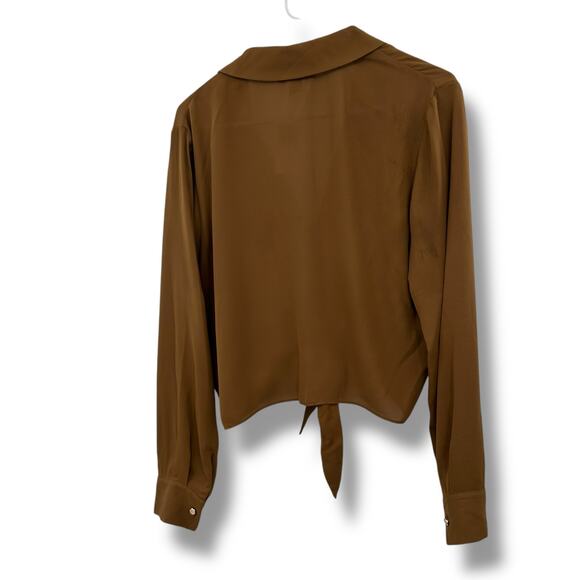 NEW BCX Retro Brown Tie Front Blouse SZ Large 70's Chiffon Boho Neutral Top NWT - Picture 9 of 11